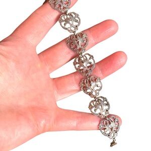 Elegant Vintage Silver Heart marcasite scrolled art deco link Bracelet